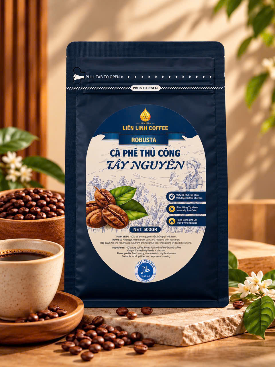 Cà Phê Robusta Tây Nguyên Rang Củi Thủ Công 500g